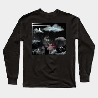 Starry Night Guardian - A Deer's and Fiery Landscape Long Sleeve T-Shirt